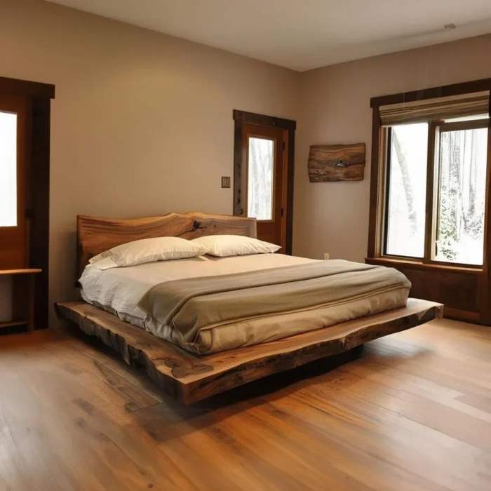 Solid Wood Platform Bed with Headboard King Queen Twin Rustic Minimal Bedroom Frame