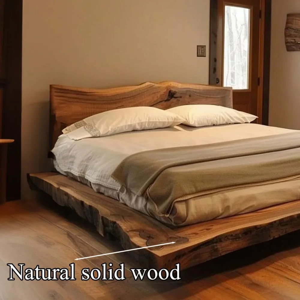 Solid Wood Platform Bed with Headboard King Queen Twin Rustic Minimal Bedroom Frame - Image 2