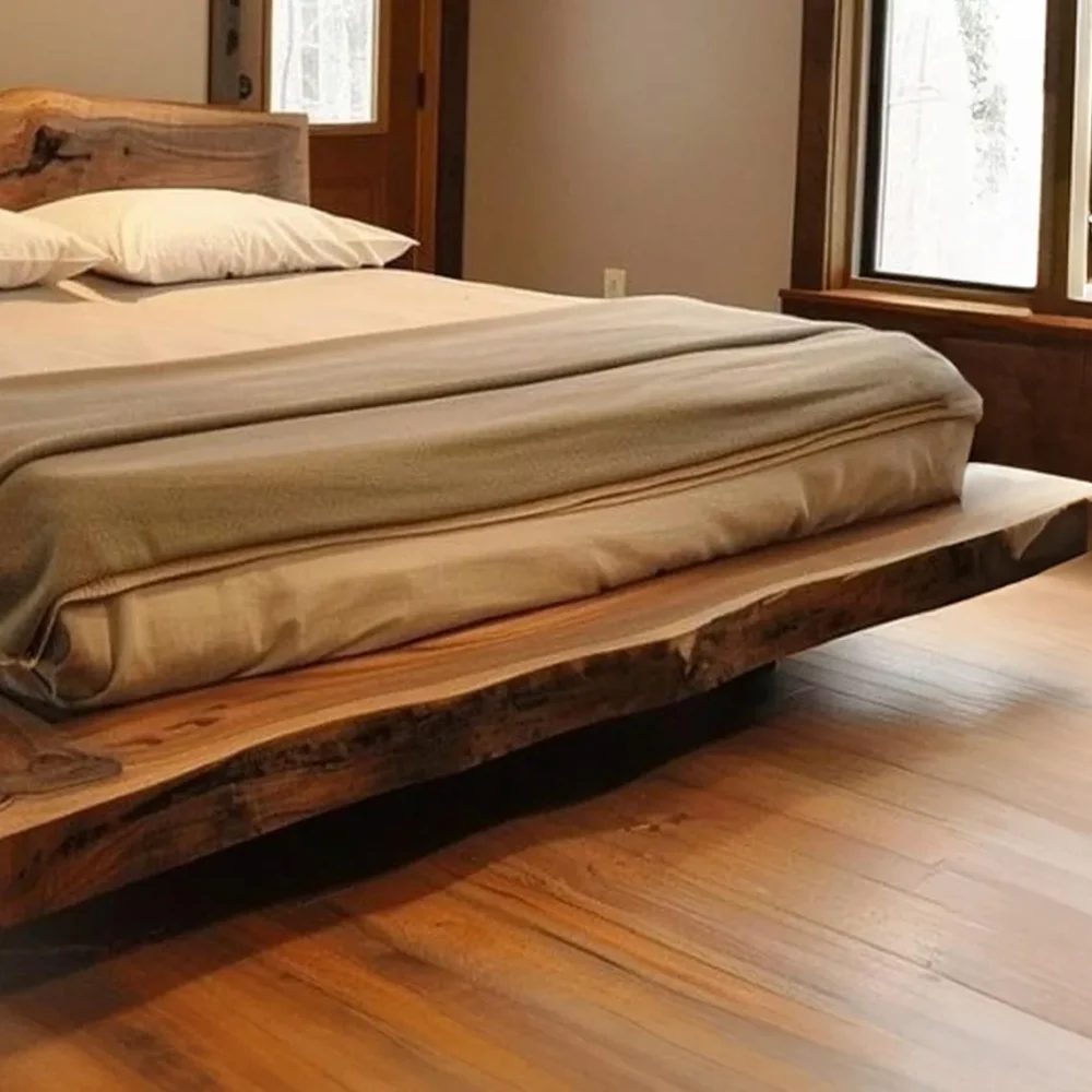 Solid Wood Platform Bed with Headboard King Queen Twin Rustic Minimal Bedroom Frame - Image 4