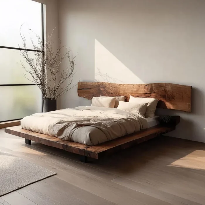 Walnut Solid Wood Platform Bed with Headboard Rustic Low Profile Bed Frame