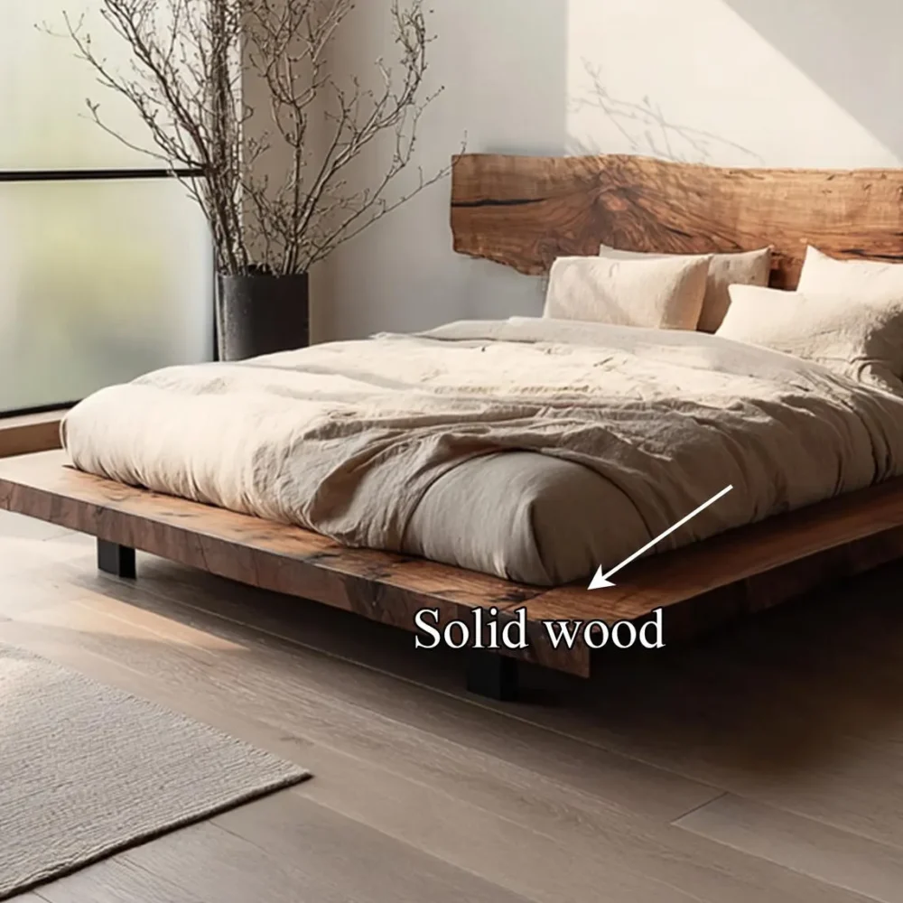 Walnut Solid Wood Platform Bed with Headboard Rustic Low Profile Bed Frame - Image 3