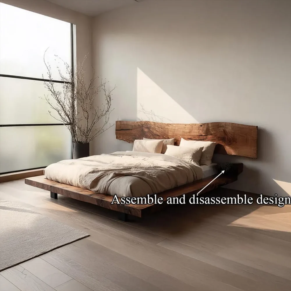 Walnut Solid Wood Platform Bed with Headboard Rustic Low Profile Bed Frame - Image 4