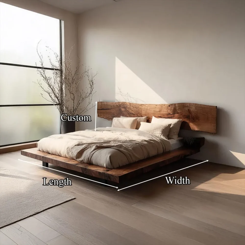 Walnut Solid Wood Platform Bed with Headboard Rustic Low Profile Bed Frame - Image 5