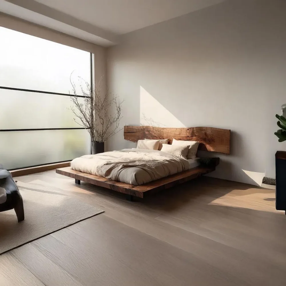 Walnut Solid Wood Platform Bed with Headboard Rustic Low Profile Bed Frame - Image 6