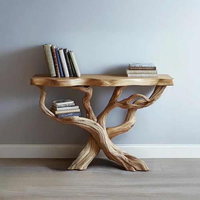 Rustic Console Table Solid Wood with Tree Trunk Base Handcrafted Entryway Table