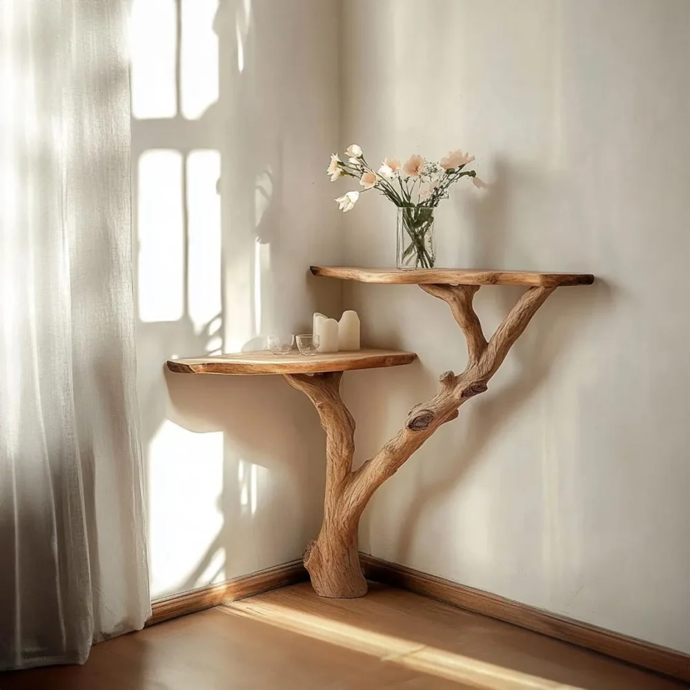 Corner Console Bedside Table Solid Wood Live Edge Handmade Rustic Accent Table - Image 2