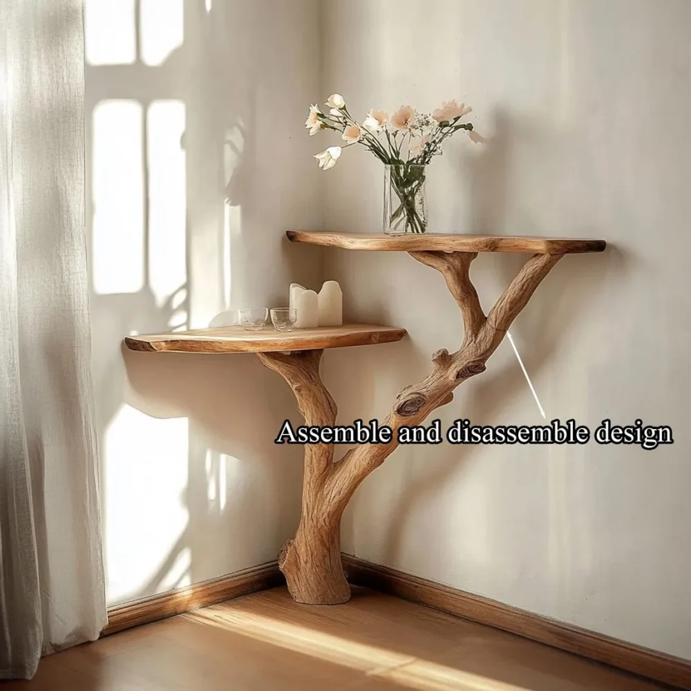 Corner Console Bedside Table Solid Wood Live Edge Handmade Rustic Accent Table - Image 6